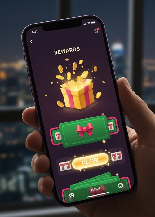 A dazzling array of Go Lucky Casino bonuses including free spins, reload offers, and VIP rewards, set against a backdrop of shimmering casino lights and popular slot game thumbnails.